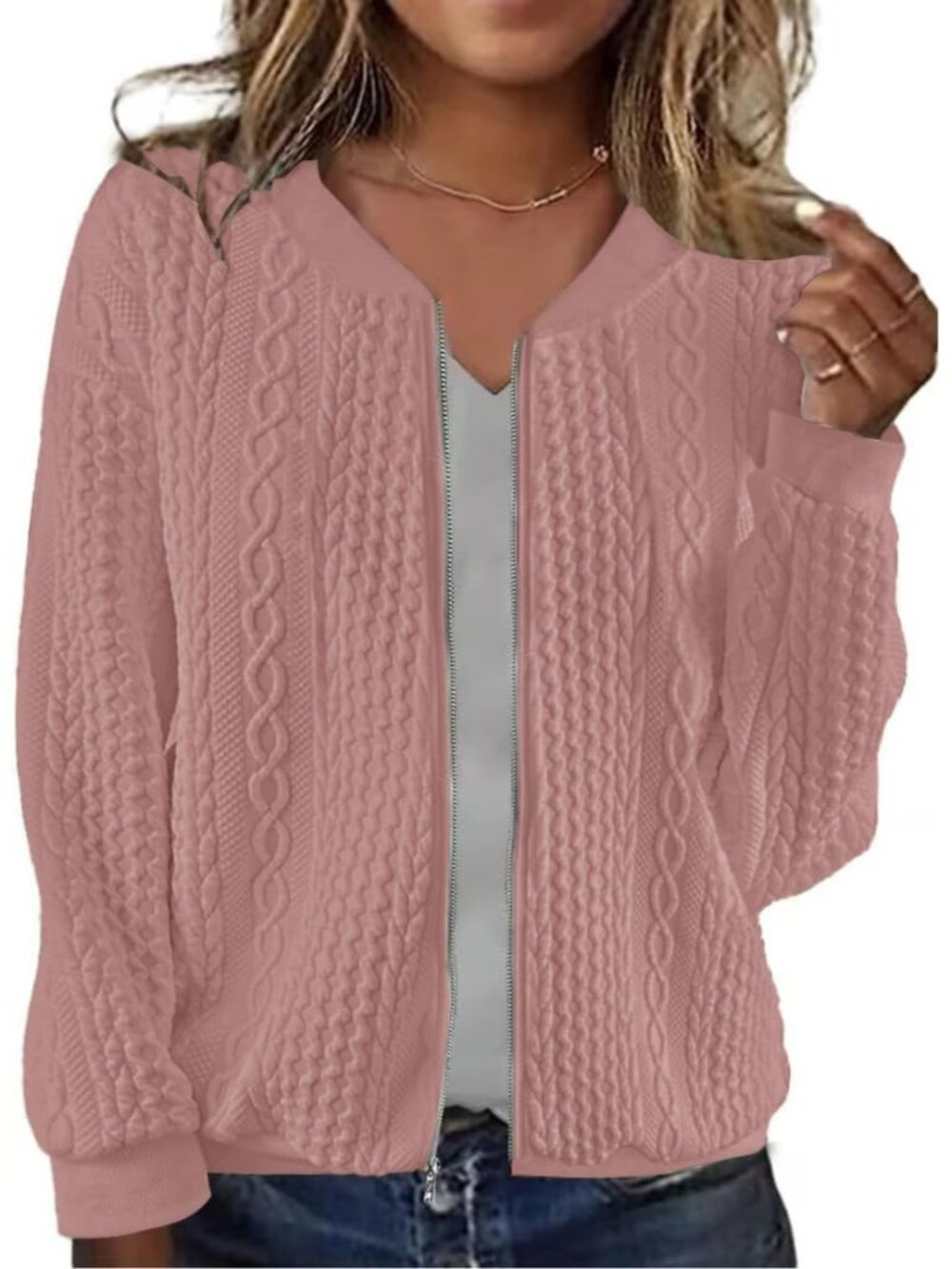 🆕Women's Pink Zip up Sweatshirt Jacket Stand Collar Casual Coat with Pockets